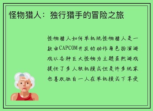 怪物猎人：独行猎手的冒险之旅